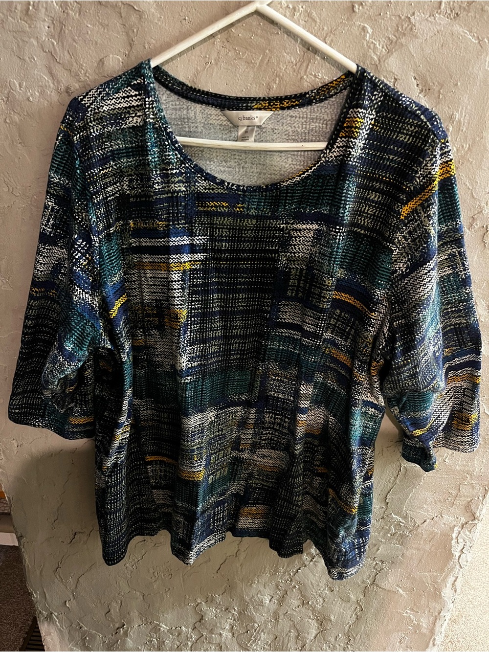 CJ Banks Multi-Blue Patterned Short Sleeve Scoop Neck Top